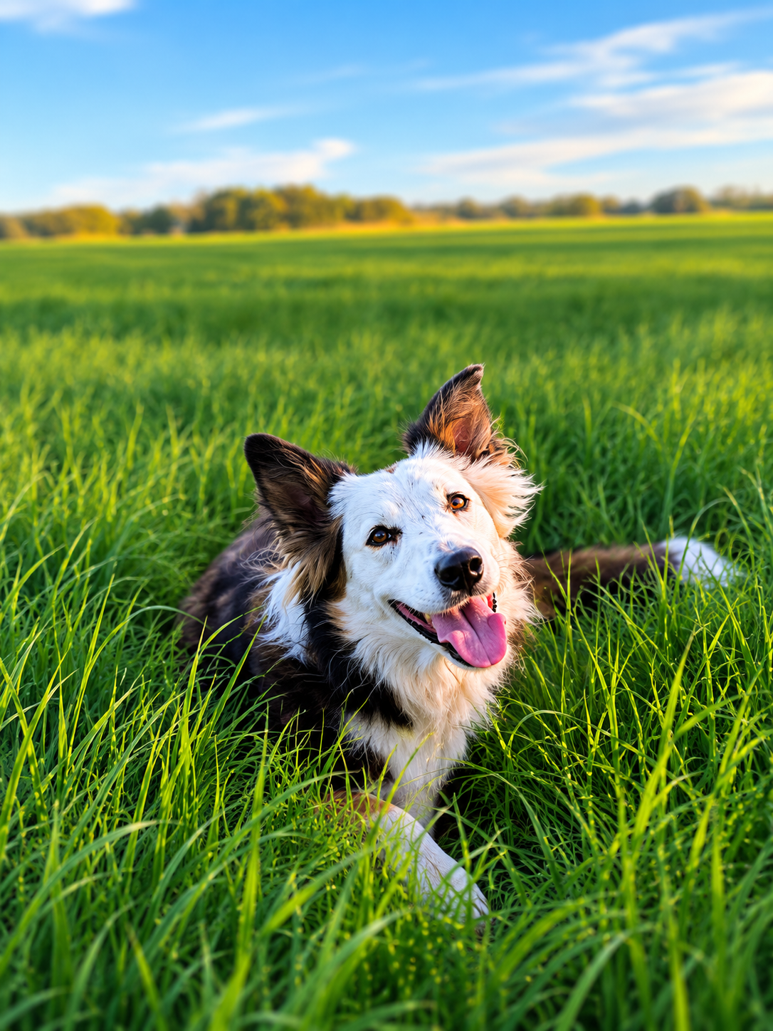 Happy border collie in tall green grass