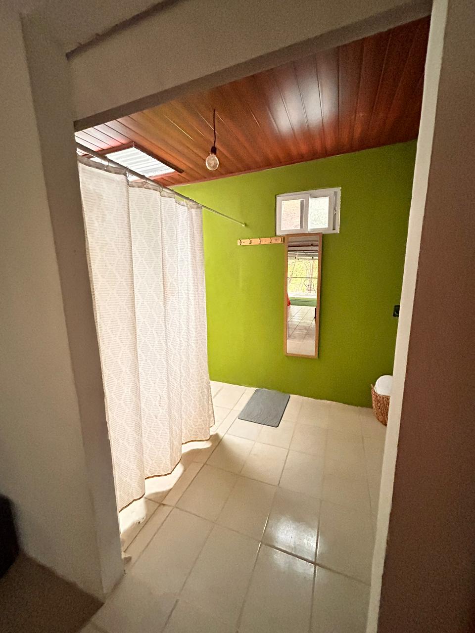 Bathroom shower area with mirror and warm wooden ceiling