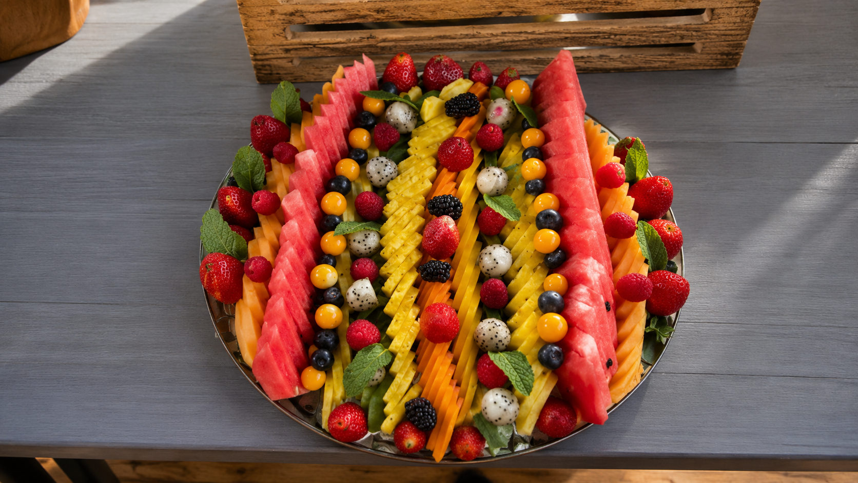 Tropical fruit platter with watermelon, pineapple, berries and dragonfruit