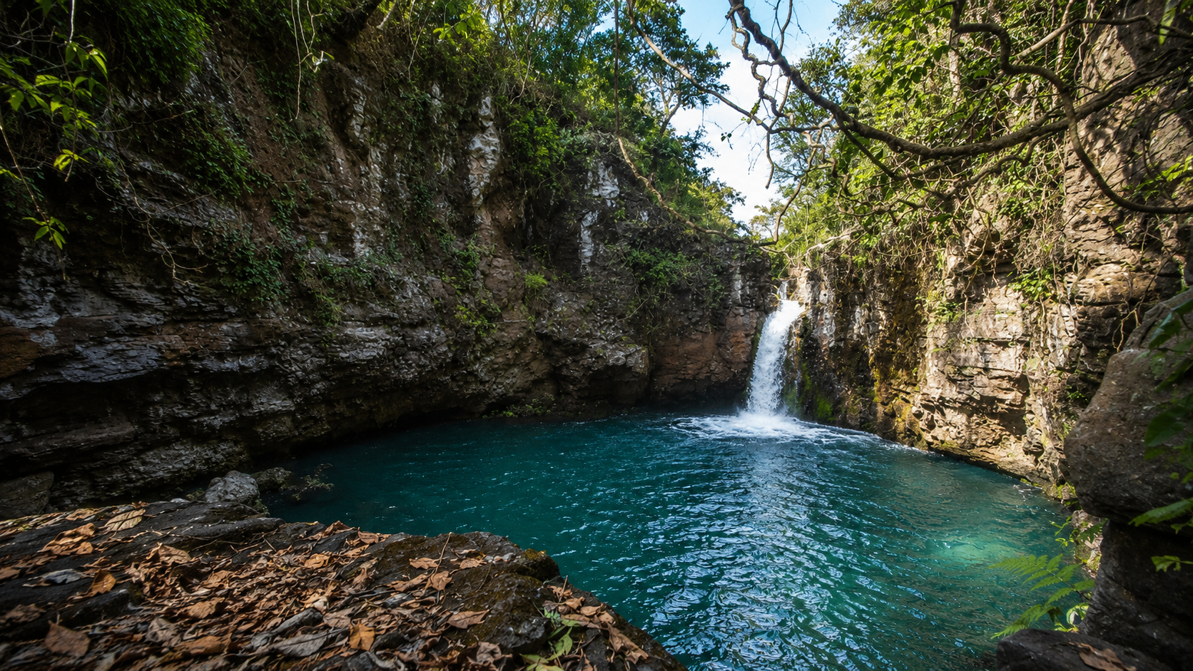 Hidden jungle waterfall and turquoise pool