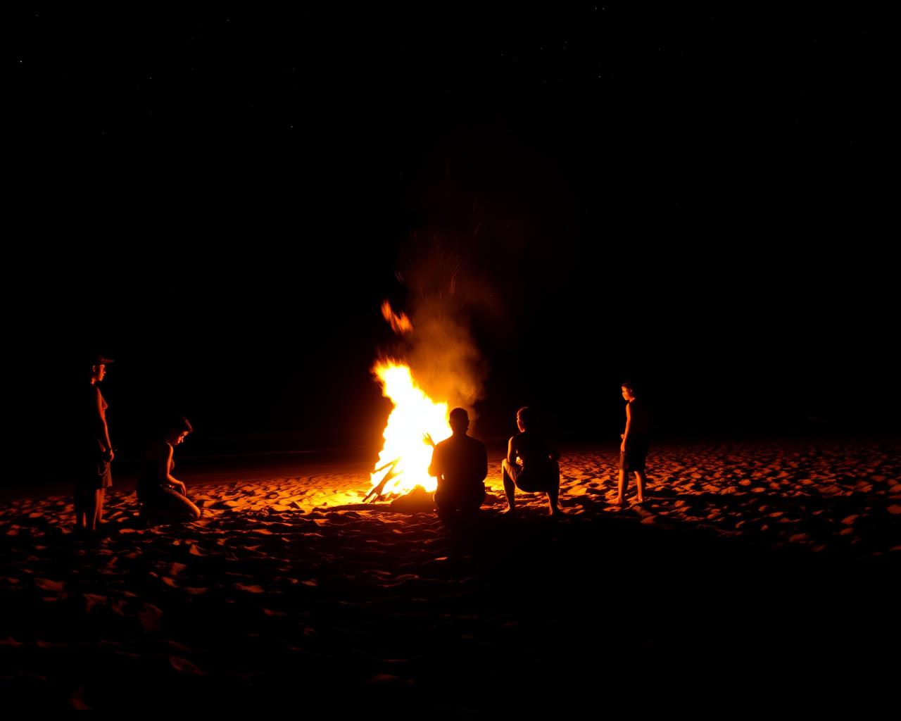 Beach bonfire at night